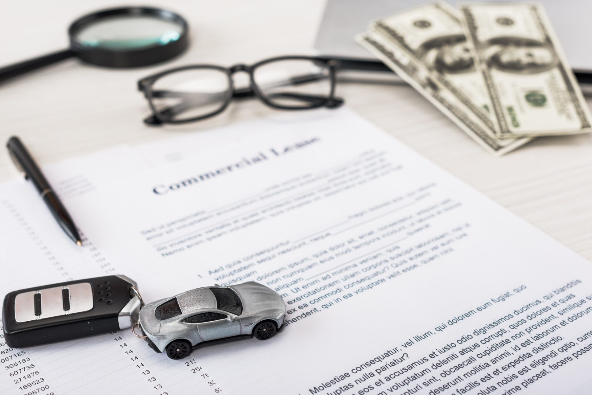 Focus sélective de la voiture de jouets près du document avec lettrage de bail commercial