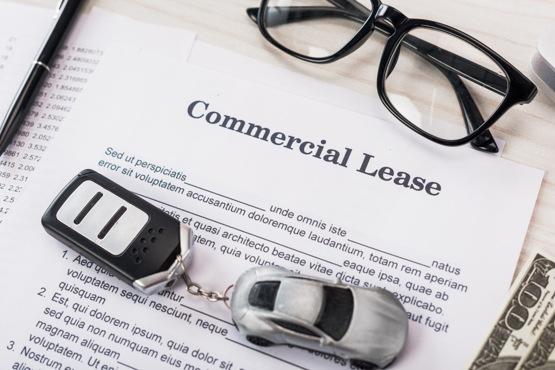 Vue de dessus du document avec lettrage de bail commercial près de la voiture-jouet, de l'argent et des lunettes