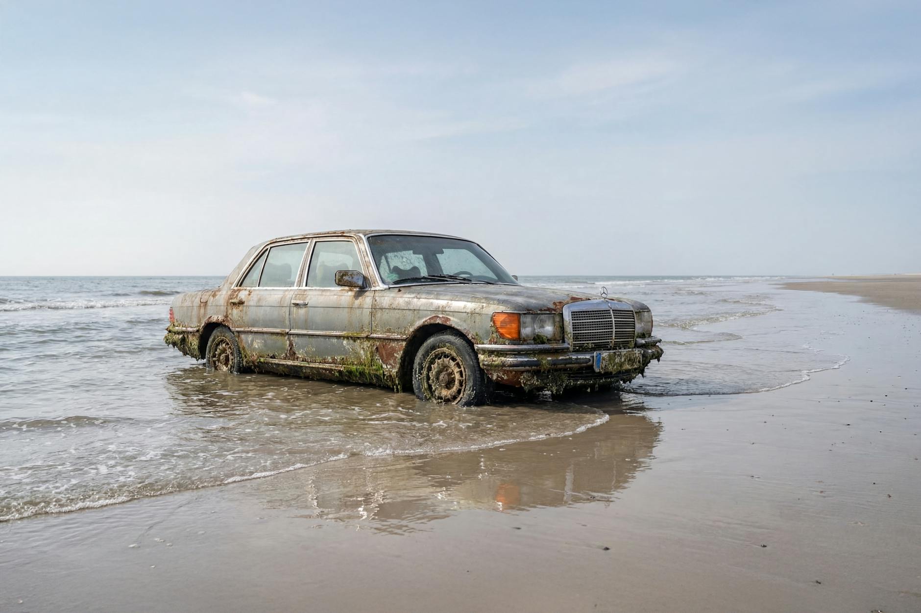 Mercedes rouillée sur les rives sablonneuses de Sankt Peter-Ording, Schleswig-Holstein, Allemagne.