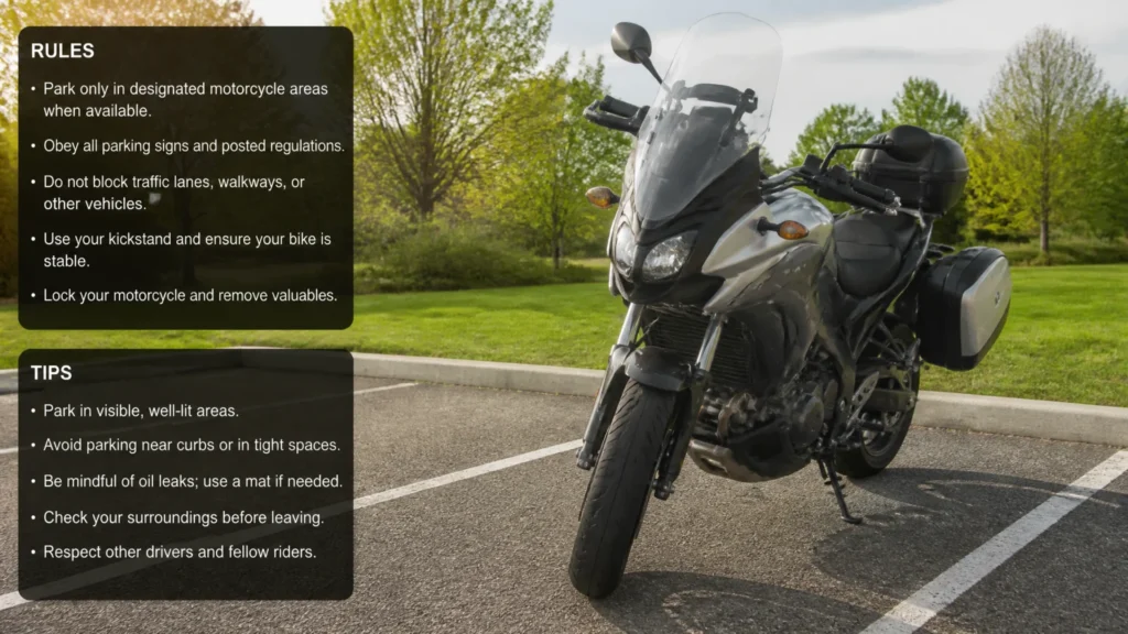 Large motorcycle in a car parking lot: rules and tips