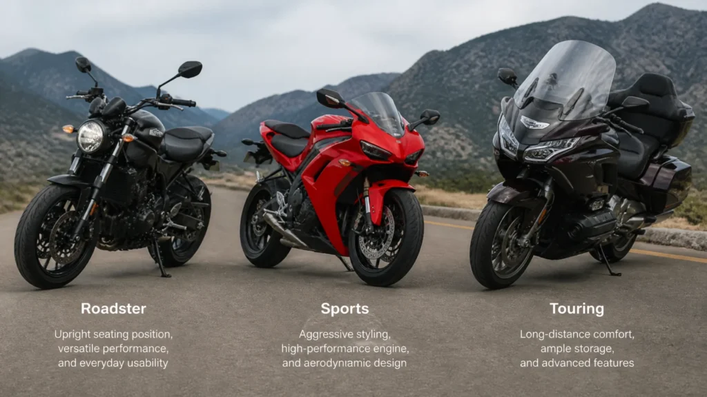 The three basic types of motorcycles: roadster, sports and touring