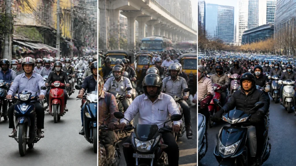 Which country has the most motorcyclists? Thailand, India, or China?